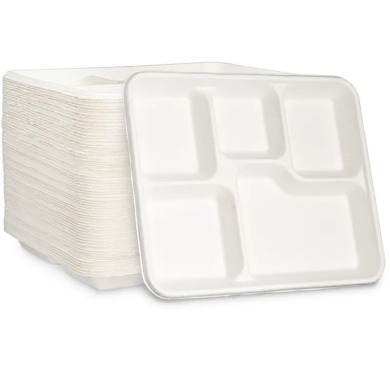 10-Inch 5-Compartment Compostable Plates – 500-Count Sugarcane Fiber Trays 1