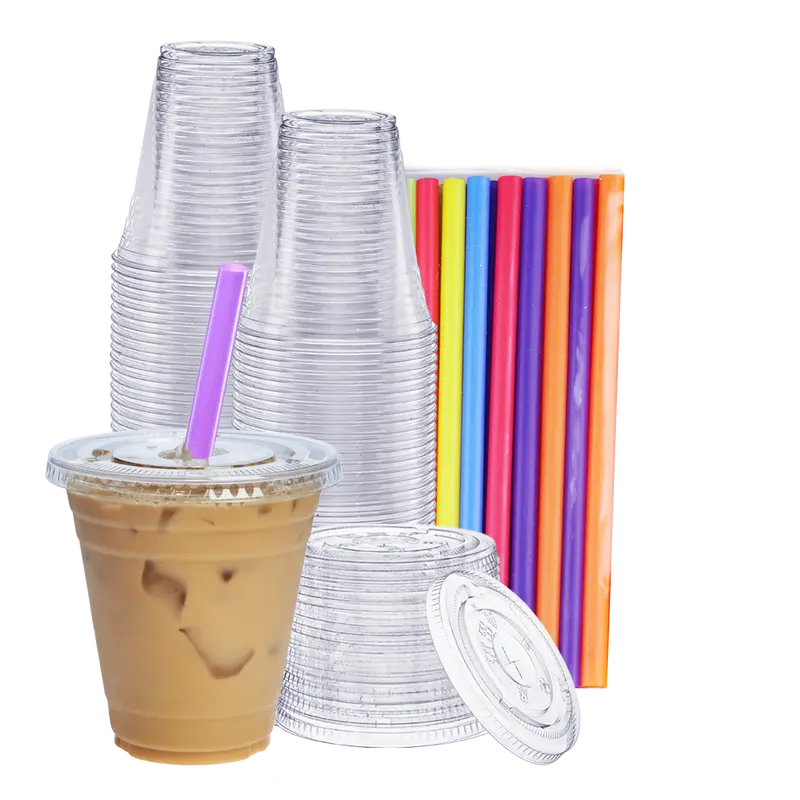 12-Ounce Clear Plastic Cups With Flat Lids & Colorful Straws – 100-Pack 1