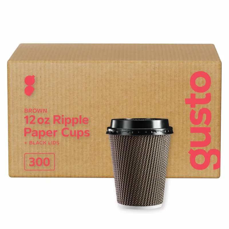 12 Oz Insulated Brown Ripple Hot Coffee Cups With Lids – Case Of 300 1