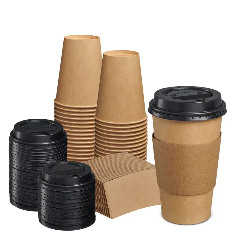 12 Oz Kraft Paper To-Go Coffee Cups With Black Lids & Sleeves – 300 Count 1