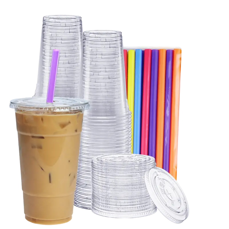 24 Oz Crystal Clear Plastic Cups With Flat Lids & Assorted Color Straws – Pack Of 400 1