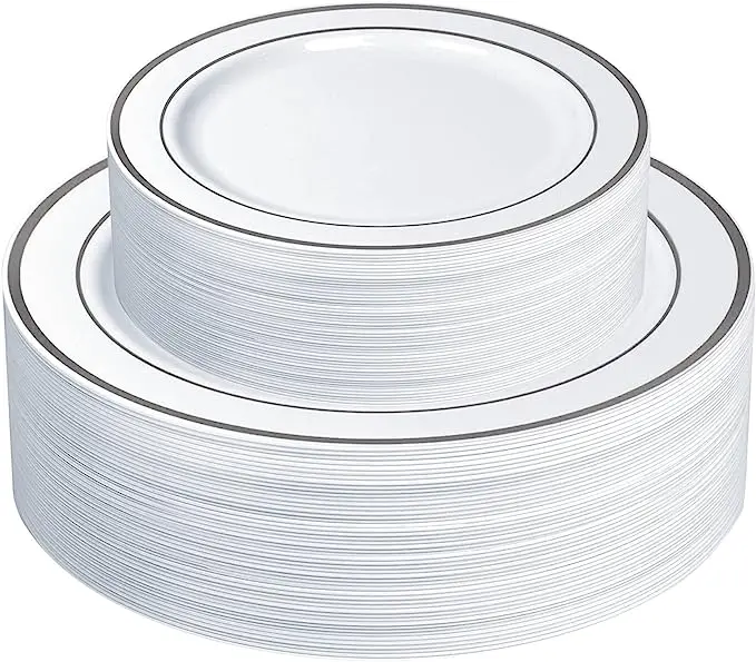 240-Piece Silver-Trimmed Rectangular Disposable Plate Set: 10.25" Dinner + 7.5" Salad Plates 1