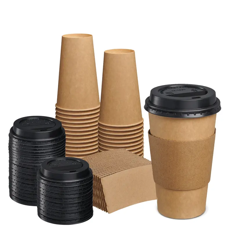 300-Pack 16 Oz Kraft Coffee Cups With Black Lids & Thermal Sleeves 1