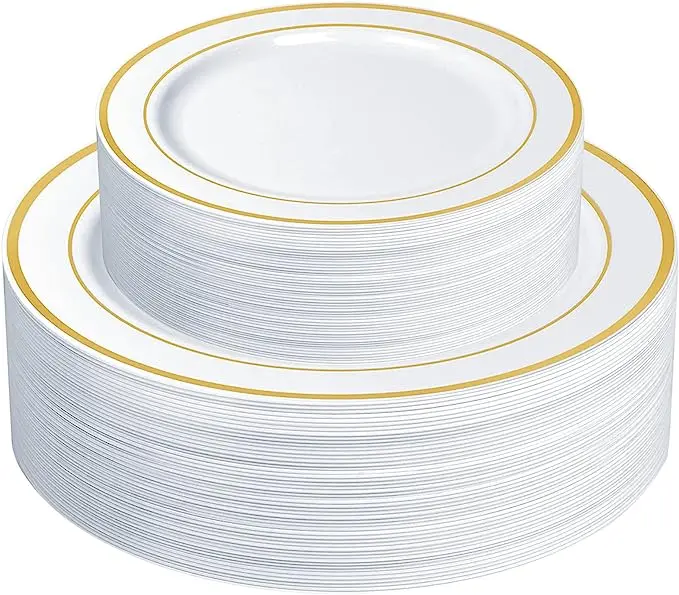 300-Piece Gold-Trimmed Rectangular Disposable Plate Set: 10.25" Dinner + 7.5" Salad Plates 1
