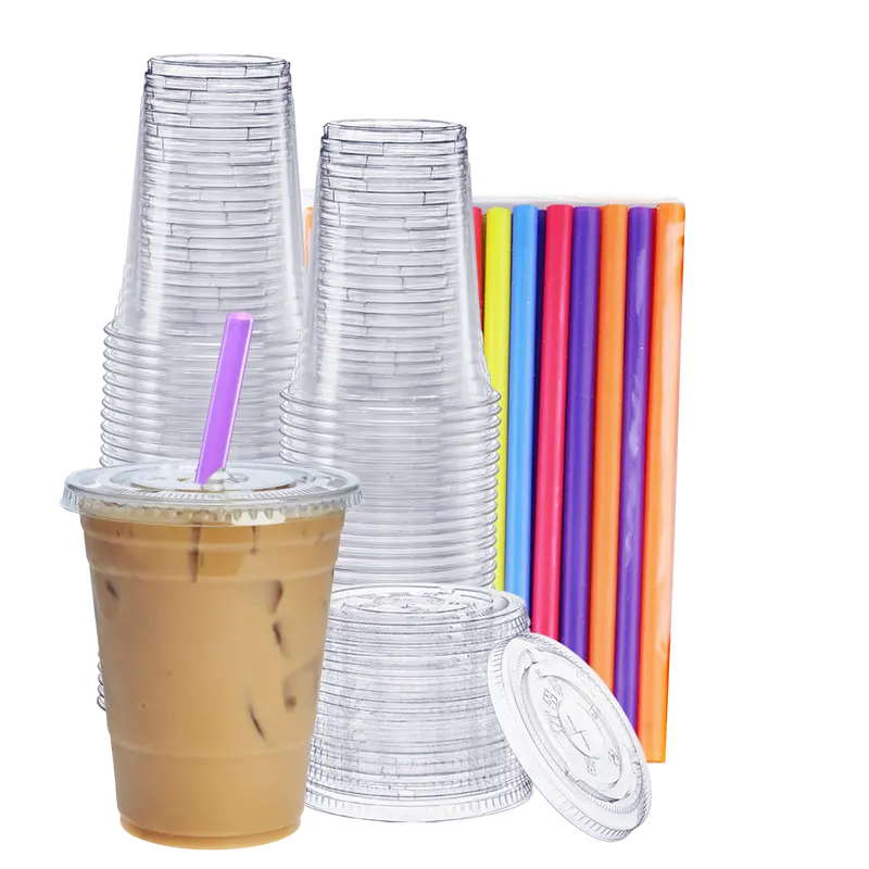 400-Pack 16 Oz Transparent Plastic Cups With Flat Lids & Assorted-Colored Straws 1