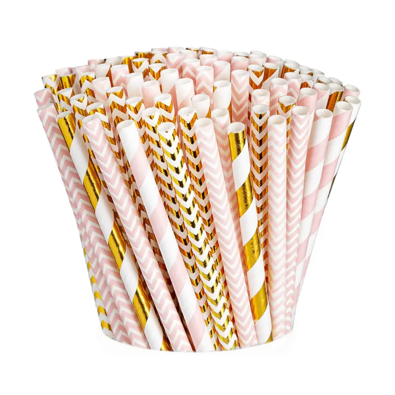4800-Count Compostable Pink & Metallic Gold Paper Straws – Sustainable Drink Accessories 1