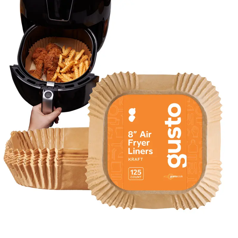 8-Inch Kraft Air Fryer Liners – 2500 Count, Square Disposable Parchment Sheets 1