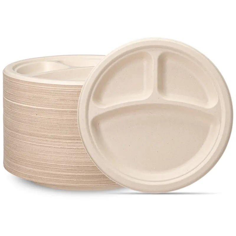 9 Inch Three-Section Compostable Sugarcane Plates – Brown & Unbleached (500 Count) 1