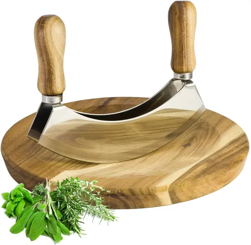 Acacia Wood Mezzaluna Knife And Cutting Board Combo 1