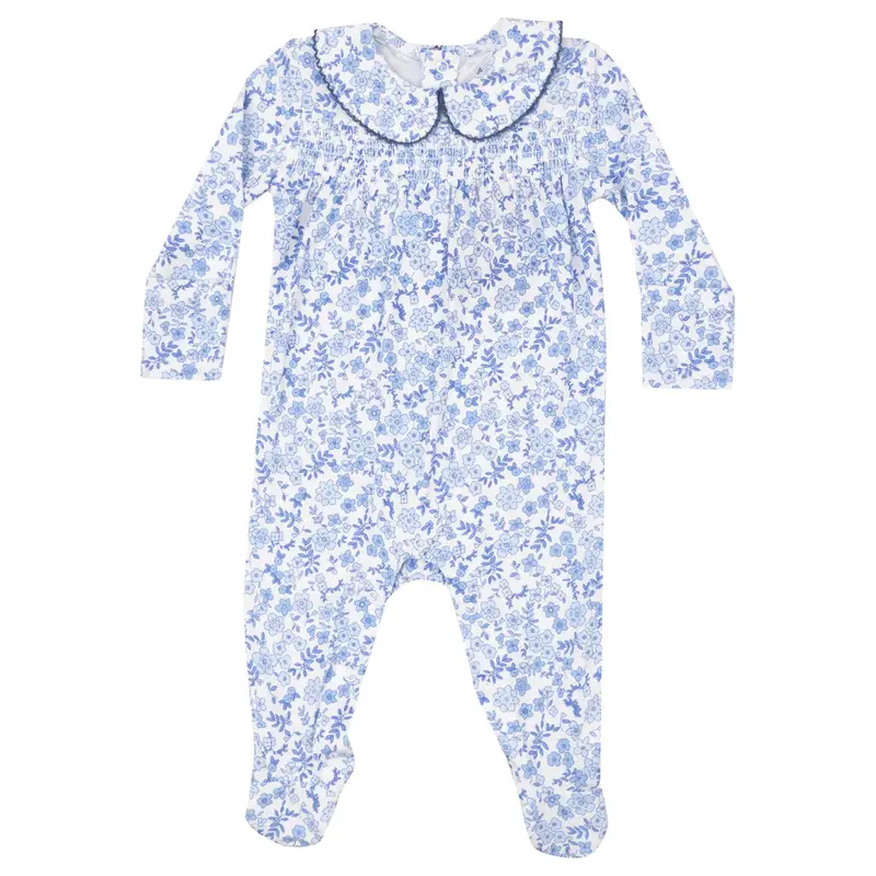 Angel Dear Blue Calico Floral Smocked Peter Pan Footie 1