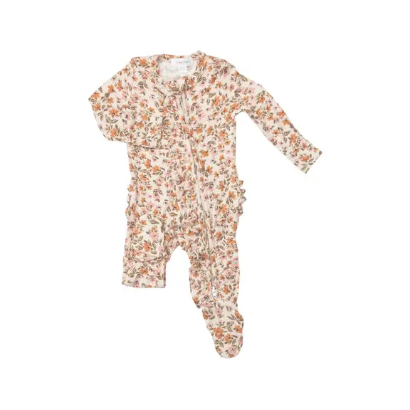 Bamboo Ruffle-Back Zipper Footie – Autumn Days Floral Design 1