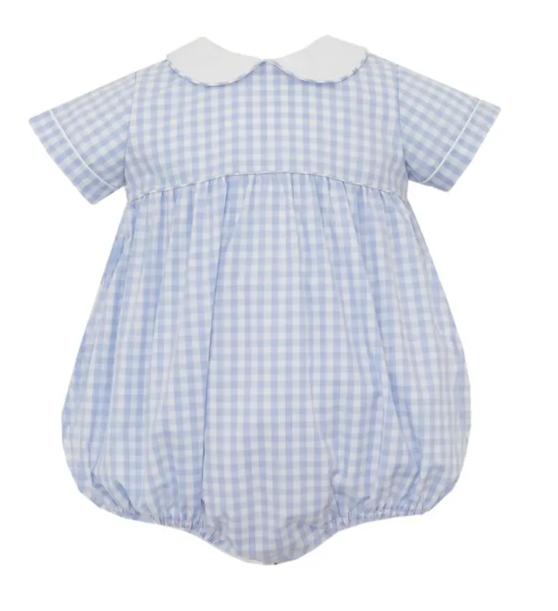 Blue Gingham Baby Boy Bubble Romper With White Collar 1