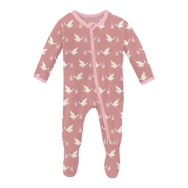 Blush Stork Design Footie With Dual-Zip Opening 1
