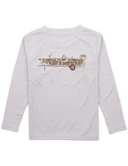 Boys' Performance Long-Sleeve Tee – Camo Boat Design, Ice Grey 1