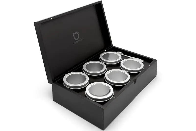 Bredemeijer Bamboo Tea Caddy Set – 6 Tin Canisters + Measuring Spoon, Black Finish 1
