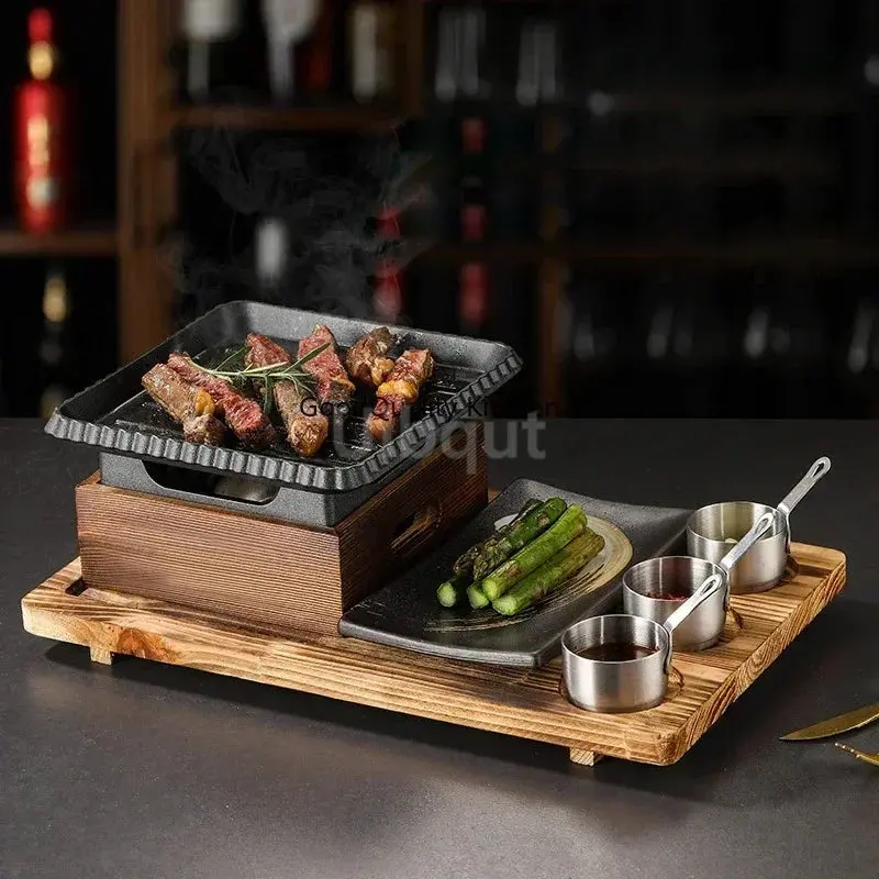 Cast Iron Korean-Style Barbecue Plate Set With Square Alcohol Burner And Baking Tray 1