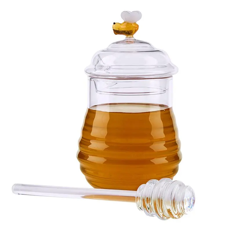 Clear Glass Honey Jar With Wooden Dipper And Bee Design 1