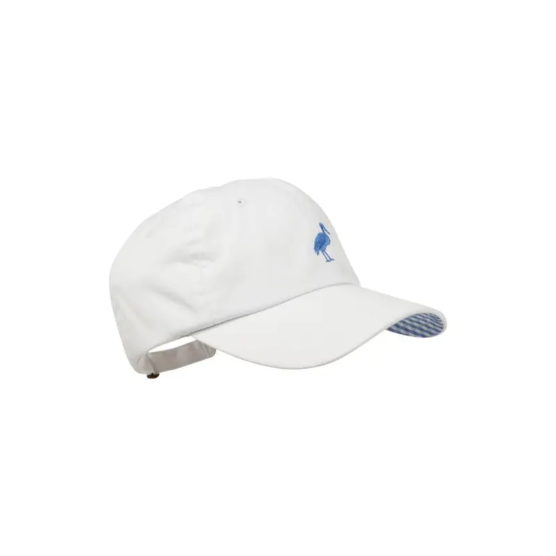Covington Sun Hat In White With Barbados Blue Gingham Trim And Stork Detail 1