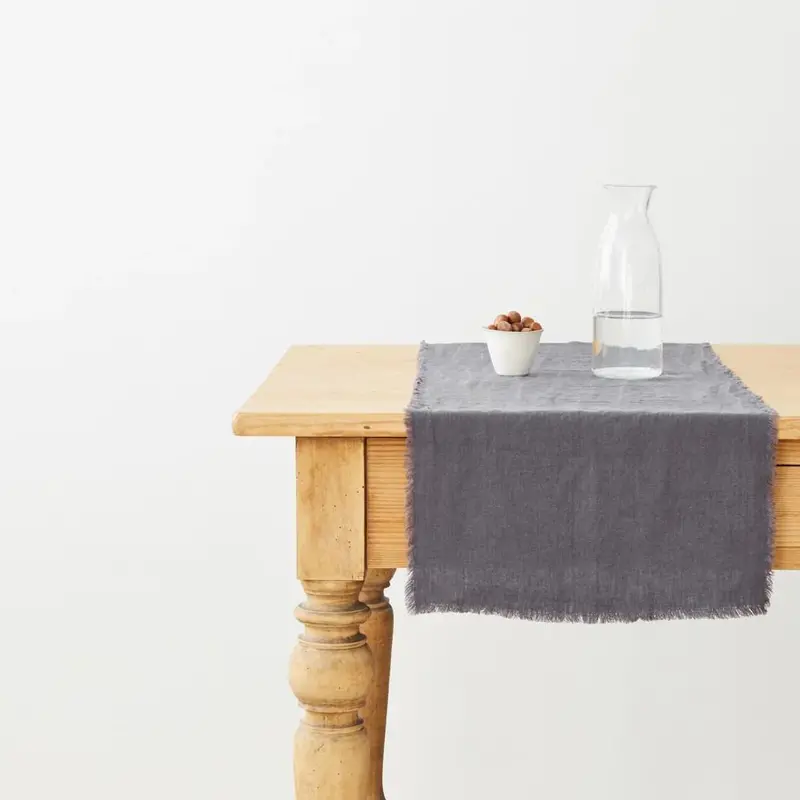 Dark Grey Linen Table Runner With Fringed Edges 1