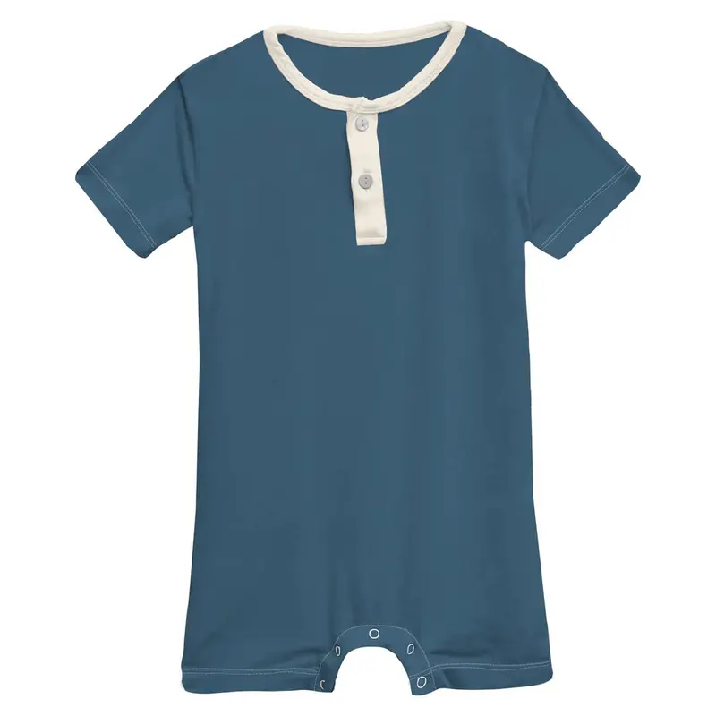 Deep Sea & Natural Henley Romper – Short Sleeve 1