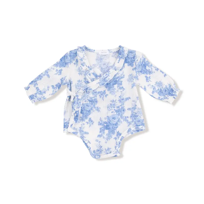 Dream Cottage Blue Floral Long-Sleeve Kimono Bodysuit With Ruffles & Elastic Cuffs 1