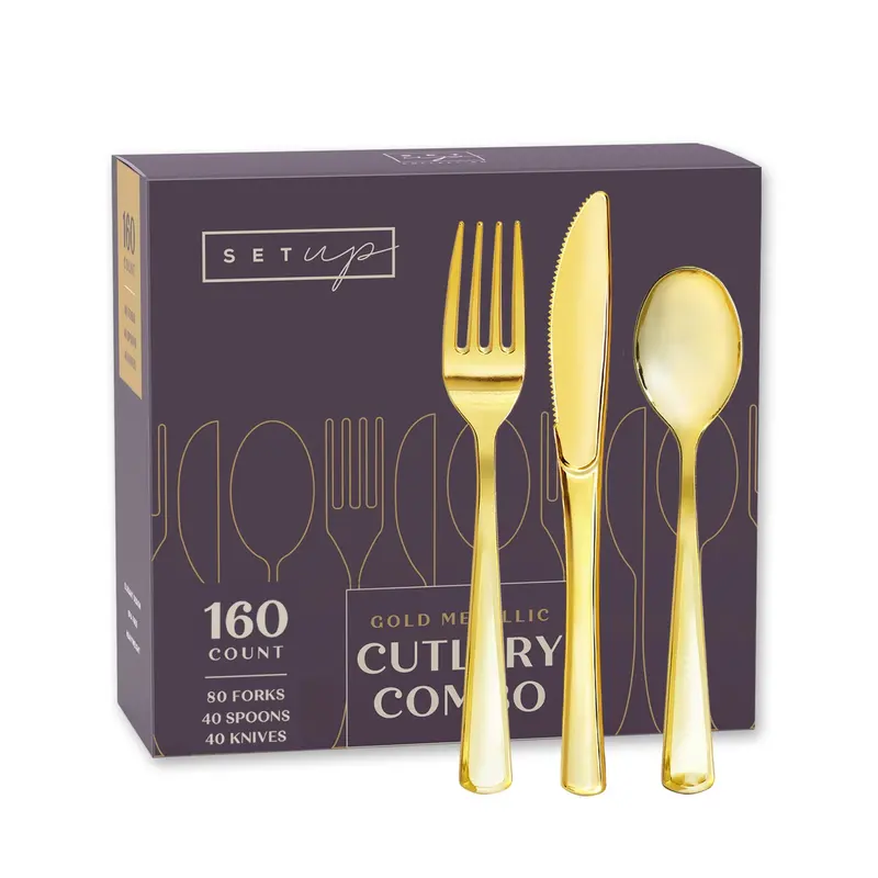 Elegant Metallic Cutlery Set – Forks, Spoons & Knives (Gold) – 300-Count 1
