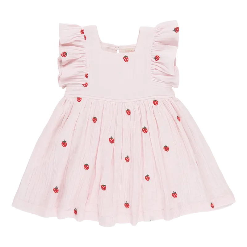 Elsie Dress For Girls – Strawberry Embroidered Detail 1