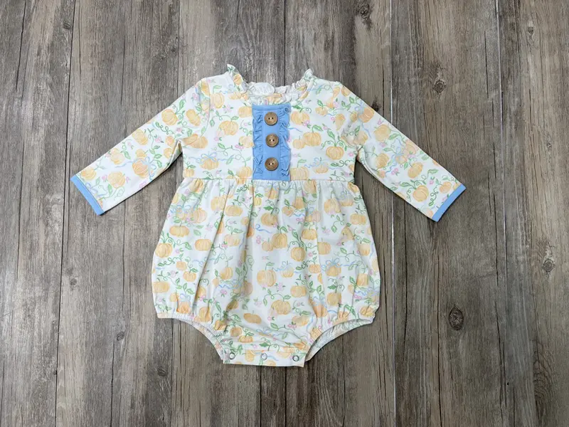 Fall-Themed Pumpkin Bubble Romper With Bow Accent 1