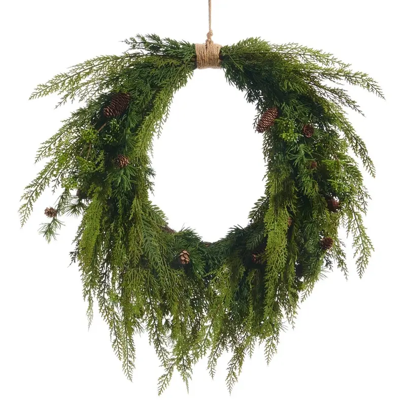 Faux Cedar Wreath With Mini Pinecones And Natural Accents 1