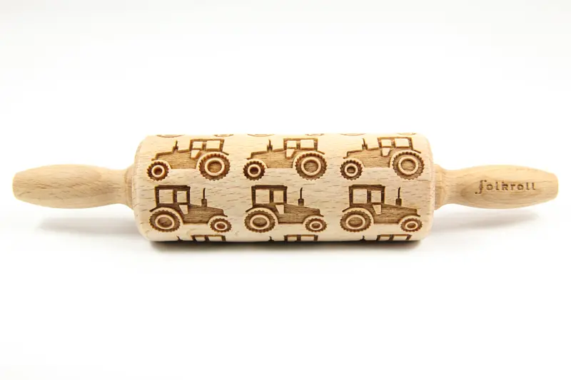 Folkroll Tractor-Print Wooden Rolling Pin – 23 Cm, Kids’ Baking Tool 1