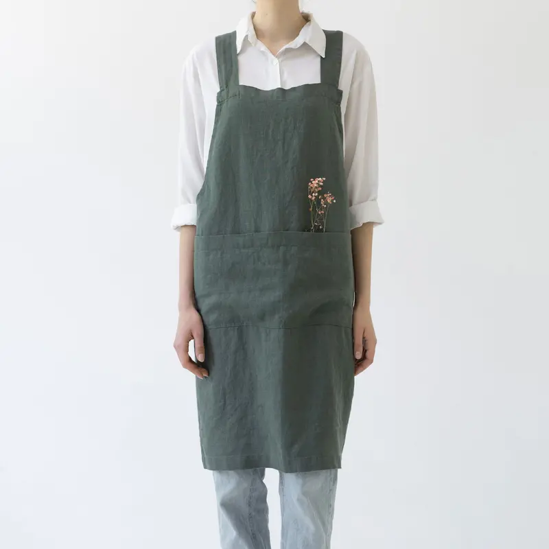 Forest Green Linen Crossback Kitchen Apron 1