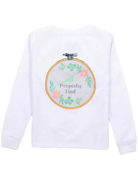Girls' Cross-Stitch Embroidered Long-Sleeve Top – Crisp White 1