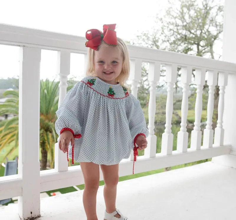 Girls’ Green Bitty Dot Smocked Christmas Tree Bubble Dress 1