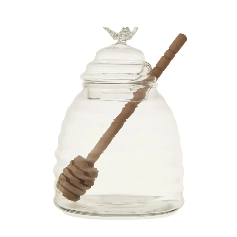 Glass Honey Pot With Bee Motif And Wooden Honey Dipper 1