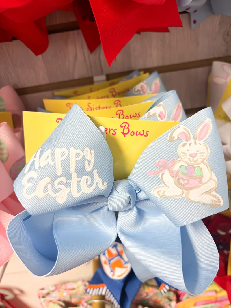 Hand-Painted Happy Bunny Bow – Xl Single Ribbon, Blue Base 1