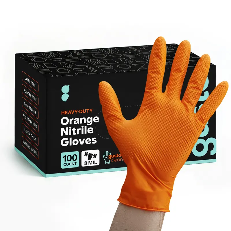 Heavy-Duty Orange Nitrile Gloves – 8 Mil, Diamond Texture, X-Large (100-Pack) 1