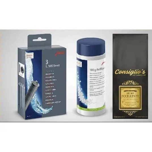 Jura Care & Flavor Bundle: Milk System Cleaner (180G) + Claris Smart Filters (3-Pack) + Consiglio’S Aroma Eccellente Coffee Beans (1Kg) 1