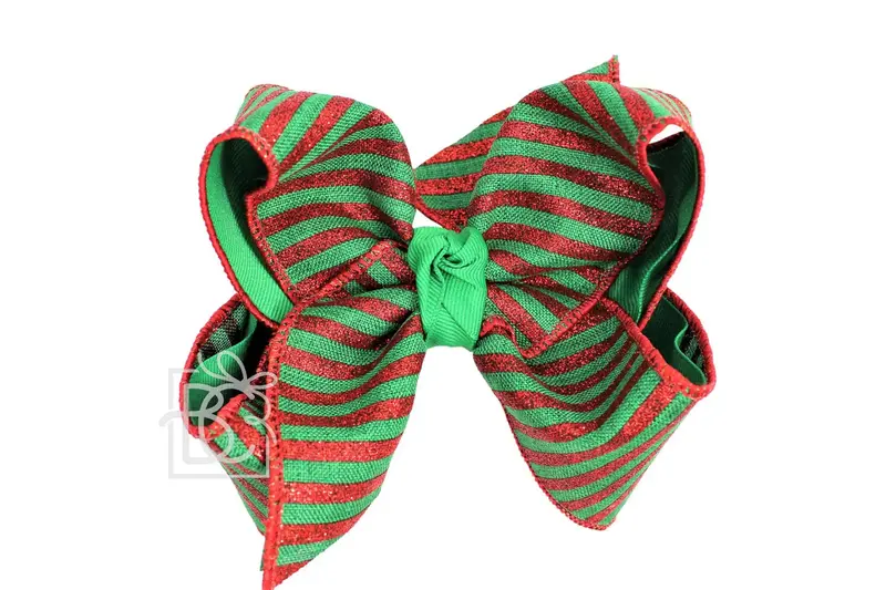 Large 5.5" Layered Christmas Ribbon Bow – Emerald & Red Stripes On Alligator Clip 1