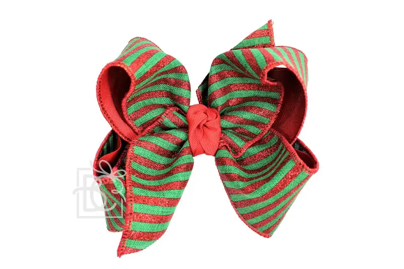 Large 5.5" Layered Christmas Ribbon Bow – Red & Emerald Stripes On Alligator Clip 1