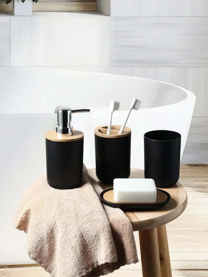 Modern Bathroom Accessory Set – Four-Piece Durable Fixture Collection Including Tumbler, Soap Dish, And More 1