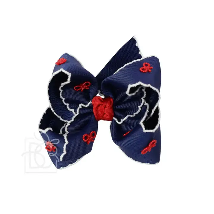 Navy And White Bow With Red Pearl Crochet Edge And 5.5-Inch Embellished Accent 1