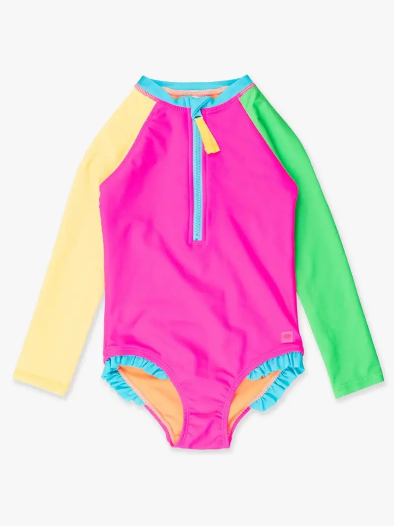 Neon Color Block Long-Sleeve Rash Guard – Girls’ One-Piece Swim Top 1