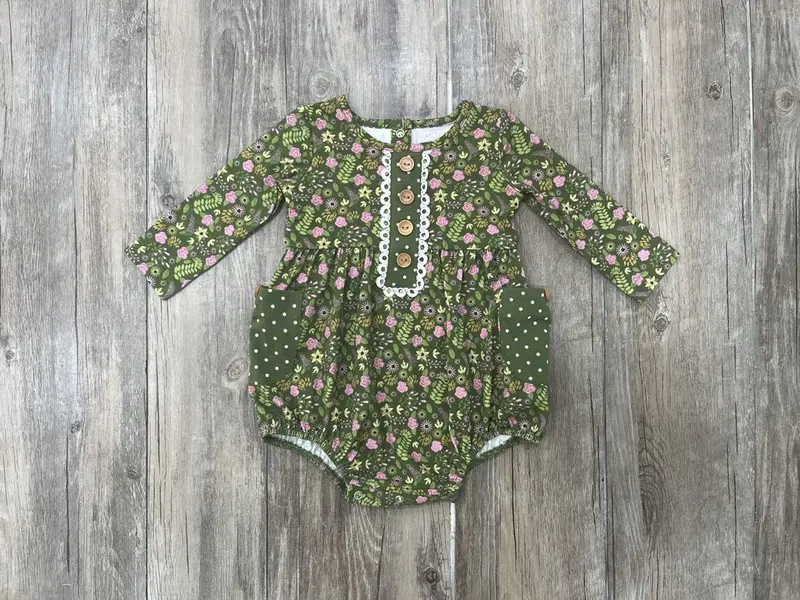 Olive Green Ditsy Floral Bubble Romper 1
