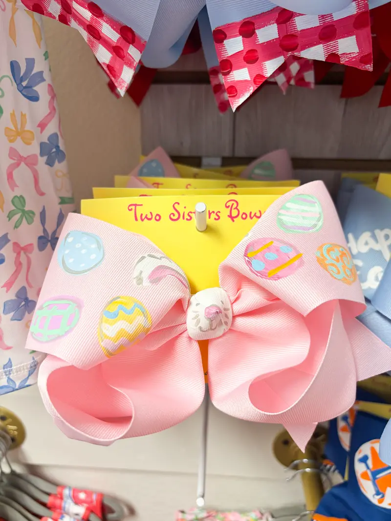 Pastel Easter Bow – Bunny Face & Egg Motif On Baby Pink Ribbon 1