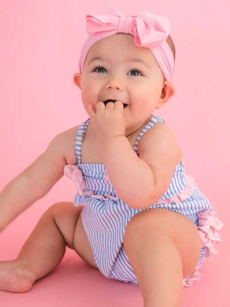 Periwinkle Seersucker Bow Detail Bubble Romper One-Piece Swimsuit 1