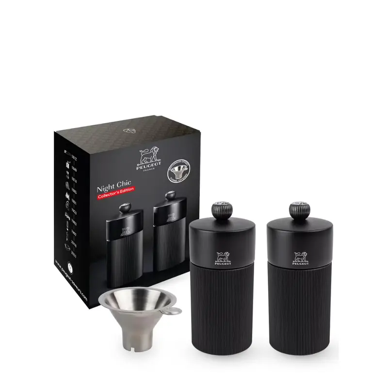 Peugeot Night Chic Salt & Pepper Mill Set With Funnel – 12 Cm Black, Made In France 1