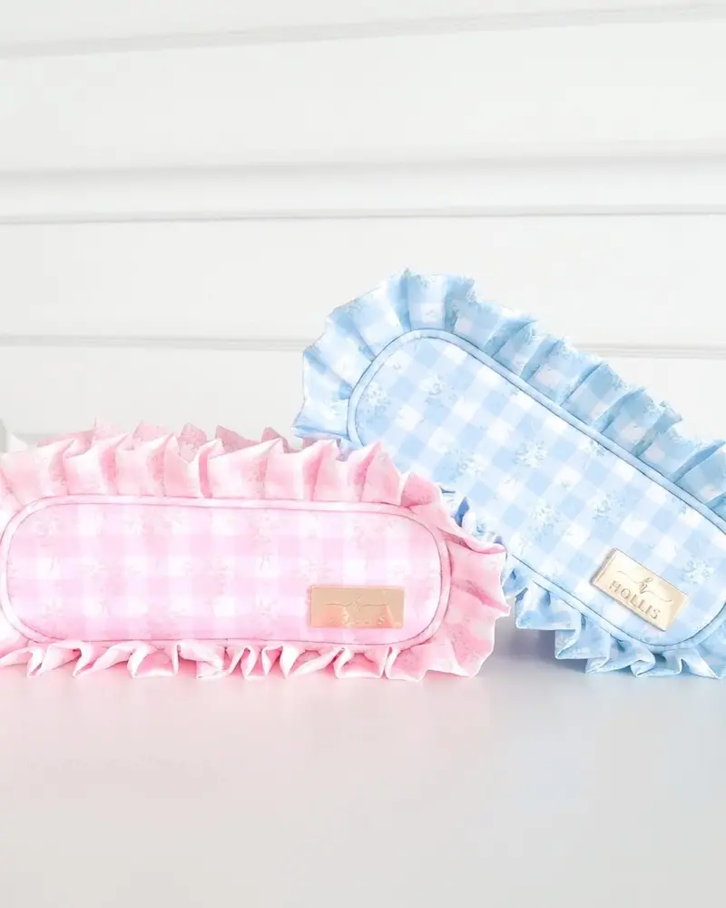 Pink Floral Nylon Pencil Case With Ruffled Edge 1