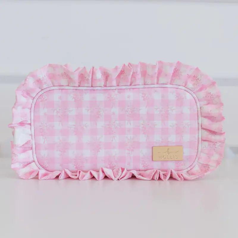 Pink Floral Ruffled Nylon Medium Storage Pouch – Compact Organizer 1