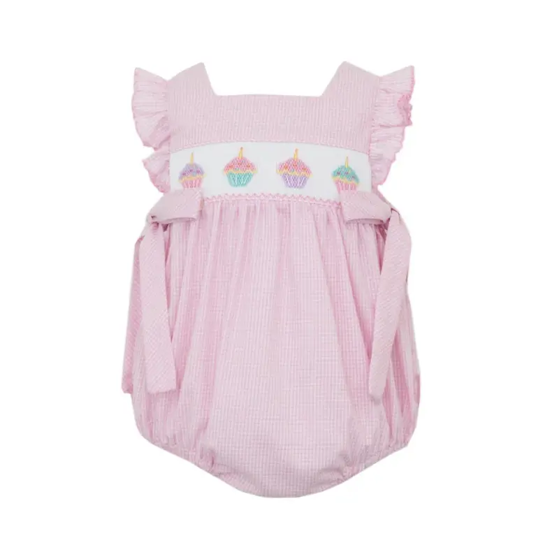 Pink Gingham Cupcake-Themed Bubble Romper With Side Bows For Girls 1