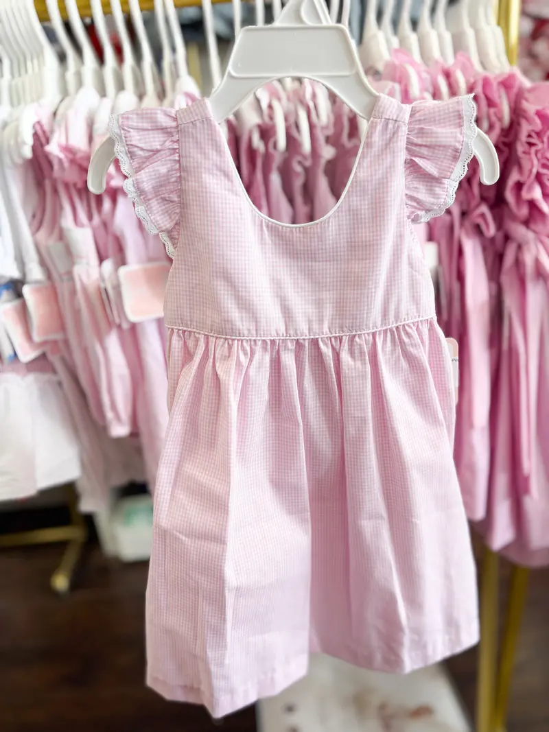 Pink Mini Gingham Dress For Girls With Eyelet Trim 1